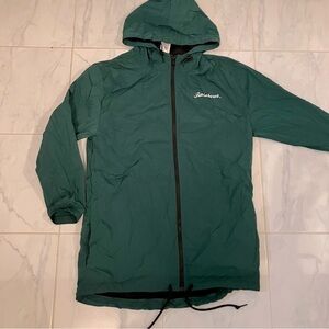 Victoria’s Secret Pink. Green zipper long windbreaker jacket with hoodie.  EUC